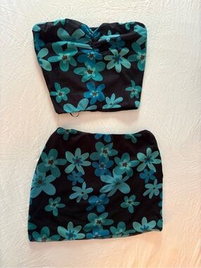 Princess Polly Black Mini Skirt Set with Teal Floral Print